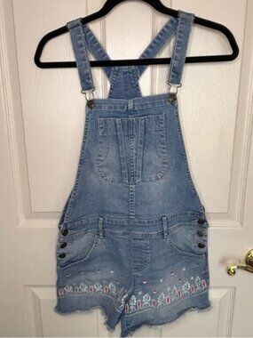 American Rag Blue Jeans Overall Cutoff Shorts Size 3‎ Junior Embroidery Floral